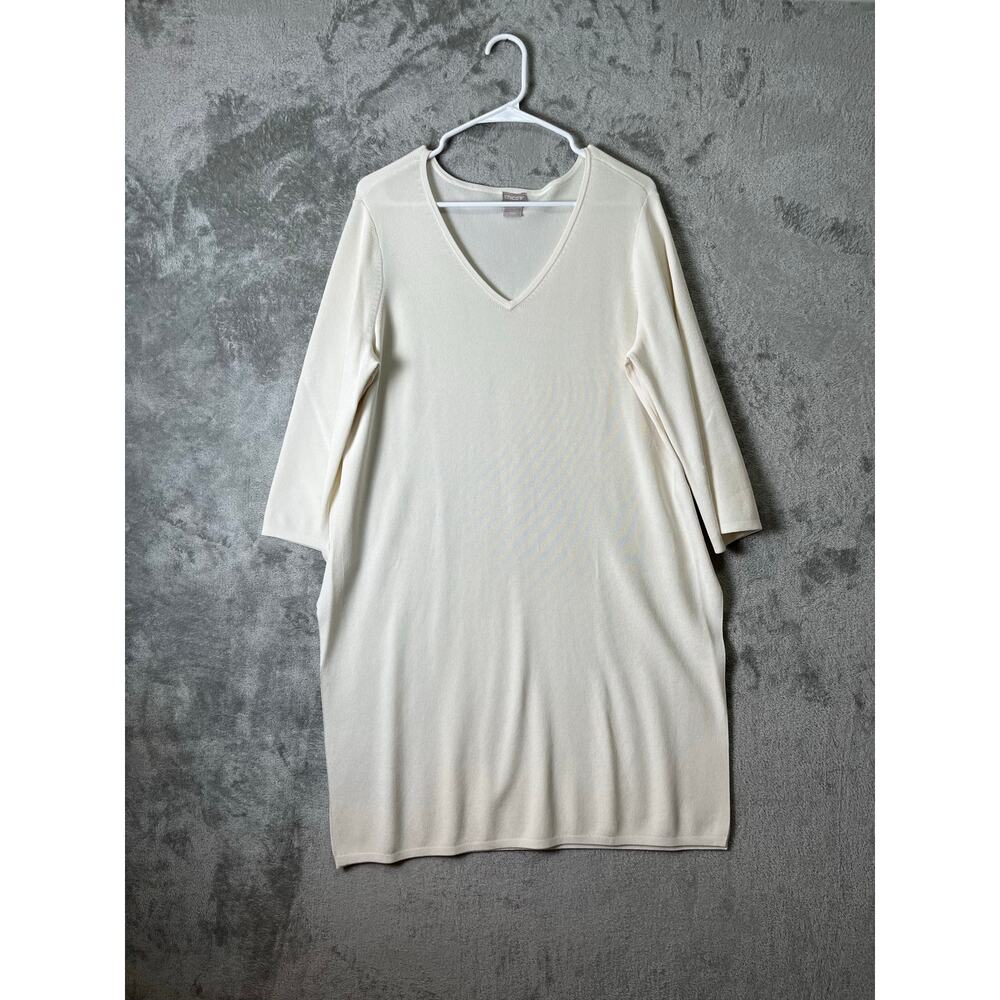 Chico’s Travelers Cream V-Neck Dress Top Sz 1 Medium Minimalist Chic Work Office